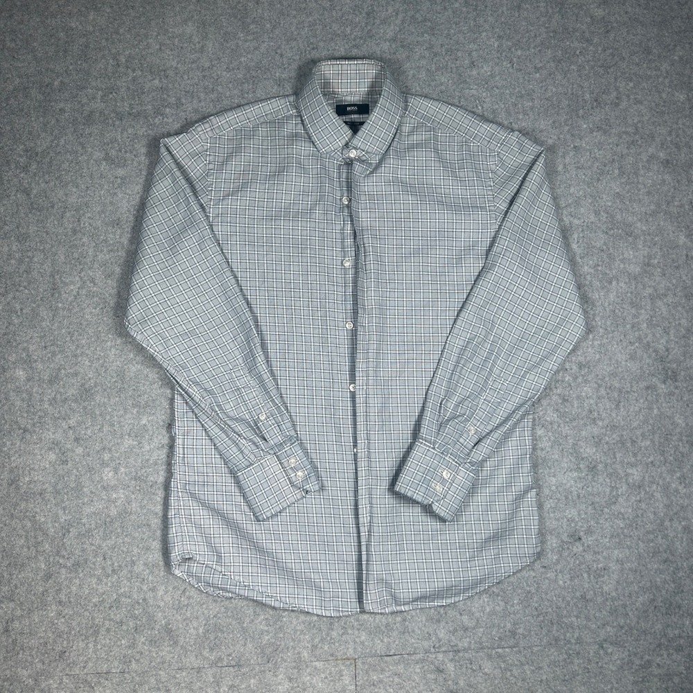 Hugo Boss button down Shirt Men 15.5 Regular Fit Blue White Check Long Sleeve